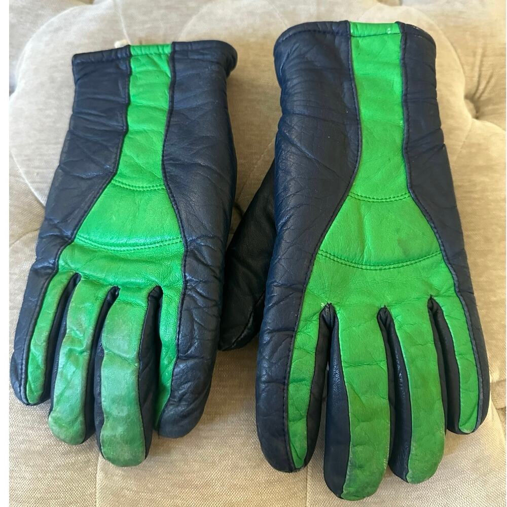 Vintage leather gloves Colorblock Lined ZERO navy blue green fun strange warm